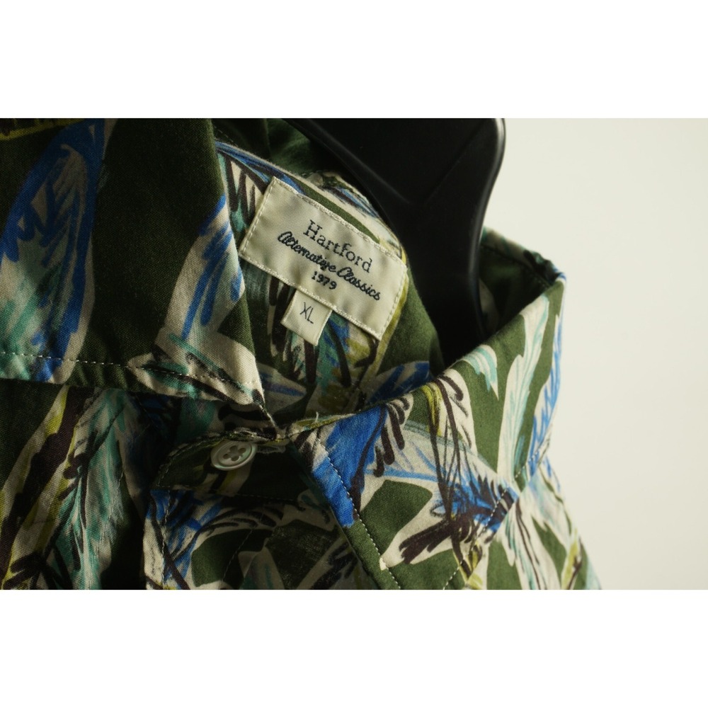 Hartford Men's XL Long Sleeve Green Blue Palm Tree Jersey Cotton Hawaiian Shirt - Picture 4 of 10